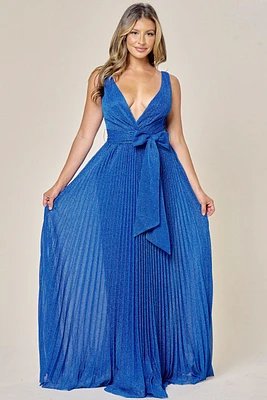 ROYAL BLUE PLEATED MAXI DRESS WITH TIE BELT