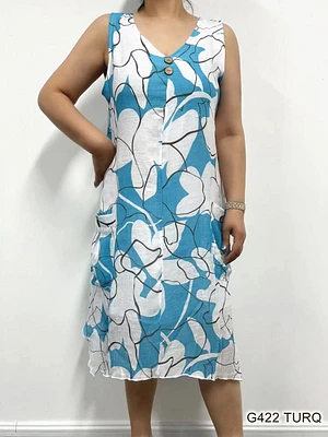 Turq / white print pockets detailed dress G422