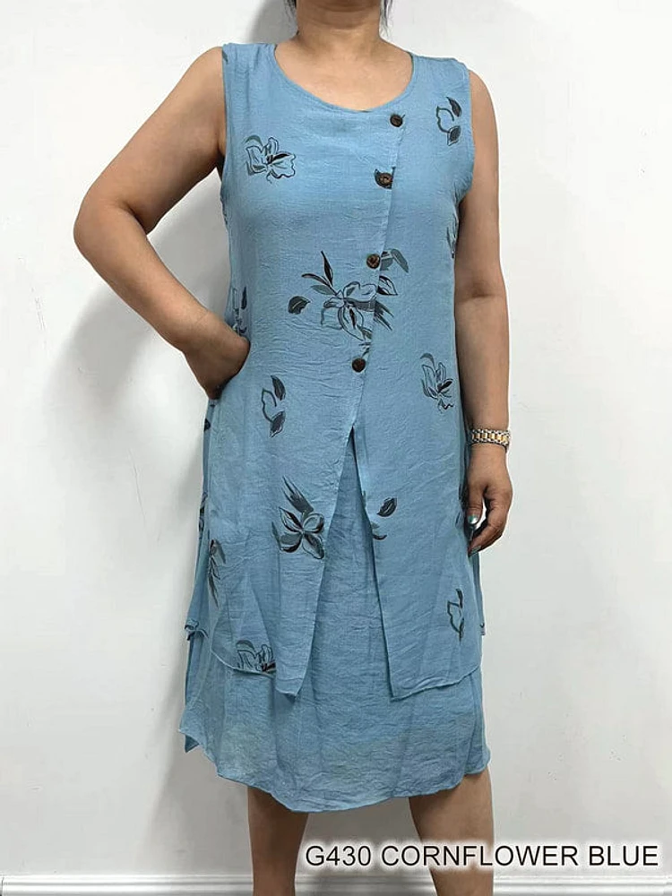 Comflower blue floral button detailed dress G430