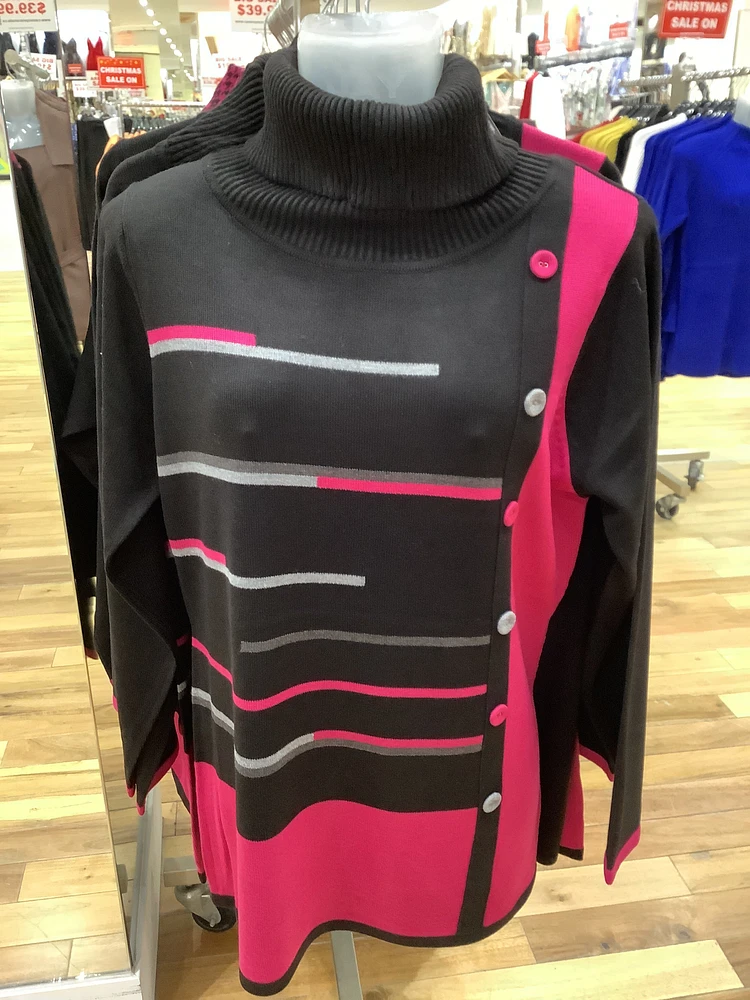 Black/Fuchsia High Neck Sweater with Buttons detailing