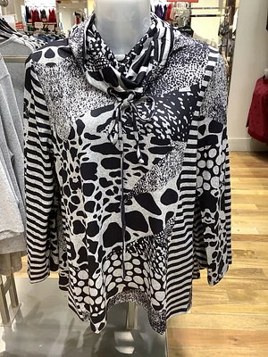 Grey/Black Printed Cowl Neck Top with Drawstring