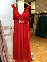 RED PLETTED SILVER BELTBAND LONG DRESS