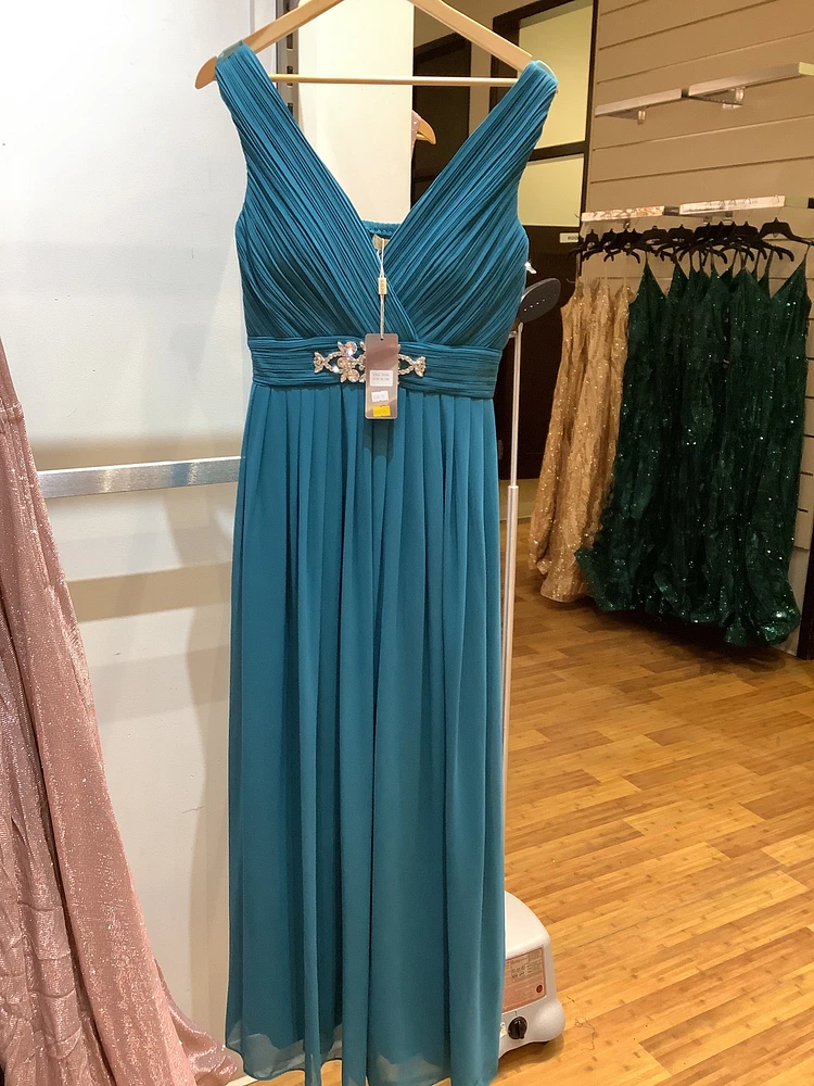 TEAL PLETTED SILVER BELTBAND LONG DRESS F1203