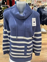 Blue Combo High Neck Sweater with Buttons Detailing and Drawstring