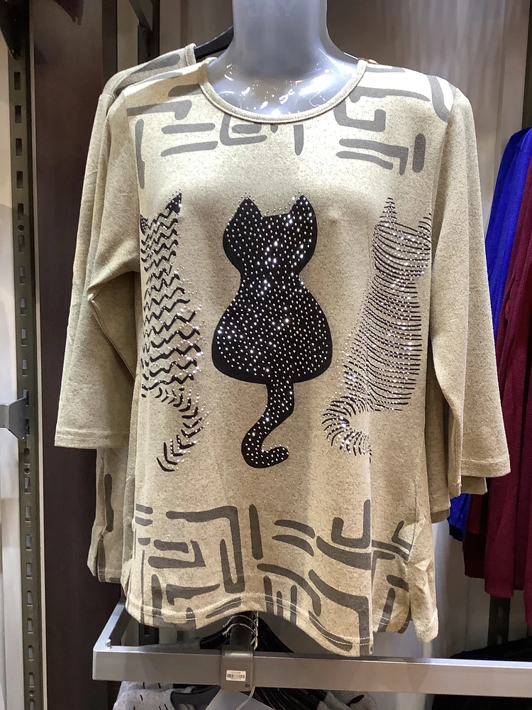 SAND SHINY 3-KITTEN PRINTED TOP D606