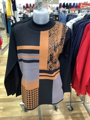 Caramel Combo Block Print Crew Neck Sweater