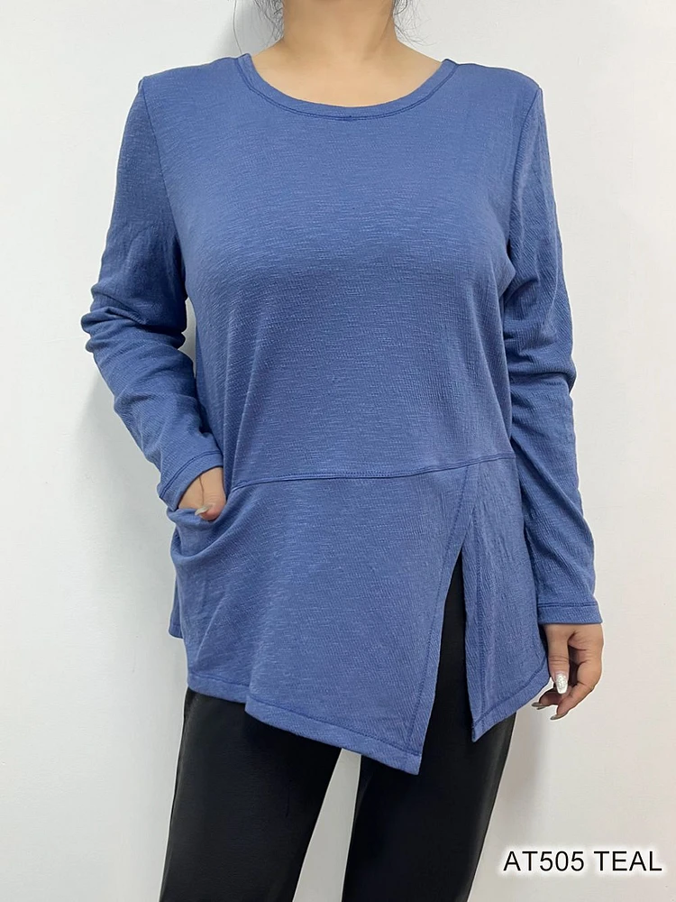 Teal Plain Sweater Top with Pocket AT505