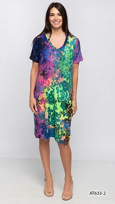 MULTI SHORT SLEEVES V-NECK DRESS (PRINT