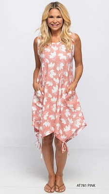 PINK-WHITE PRINTED SLEEVELESS DRESS WITH POCKETS