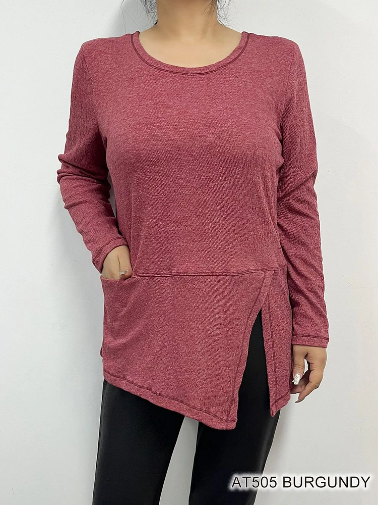 Burgundy Plain Sweater Top with Pocket AT505