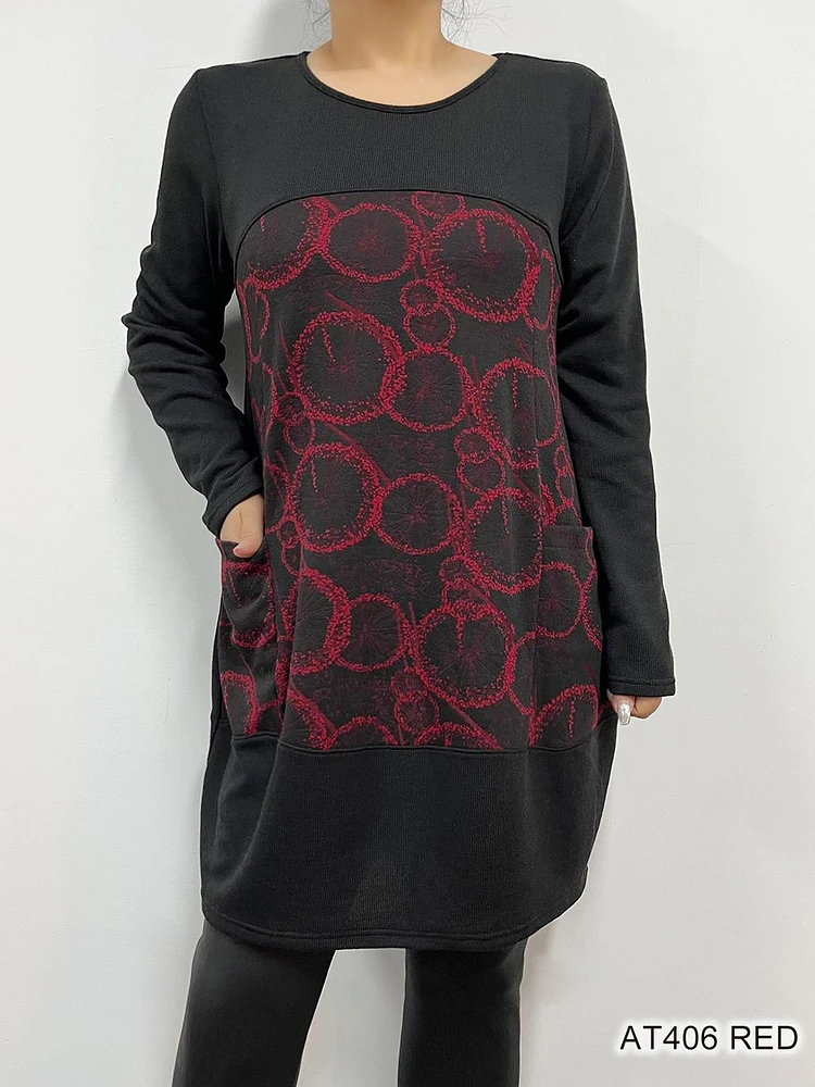 Red Block Printed Sweater Dress AT406