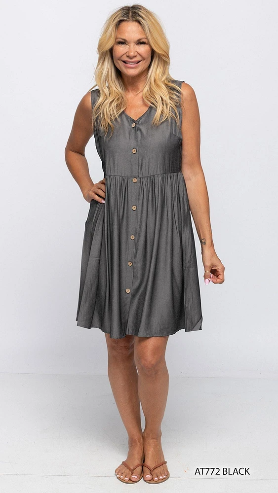 BLACK SLEEVELESS BUTTONED TUNIC DRESS