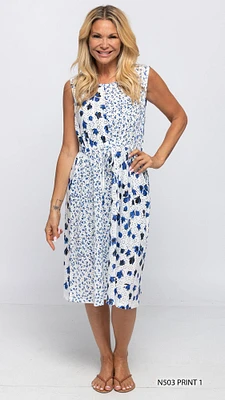 WHITE & NAVY DRAWSTRING PRINT DRESS PRINT-1