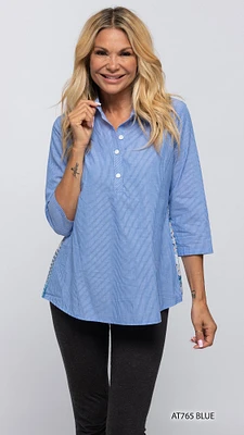 Blue Button Detailed Collared Top with Printed Back