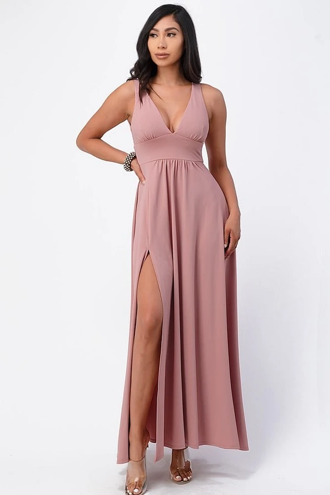 Rose Full tricot deep V neck A line dress