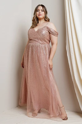 Blush/ dusty rose off shoulder glittered dress PM40337