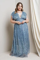 Dusty blue shimmer fit & faired cape sleeves dress PM40401