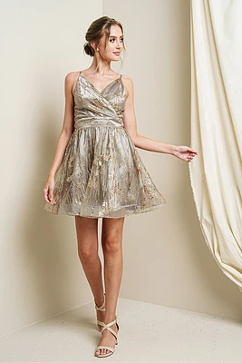 Gold-Grey Net Embroidered Sleeveless Short Dress