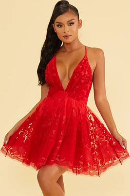 RED FLOCK VELVET FLORAL MINI DRESS