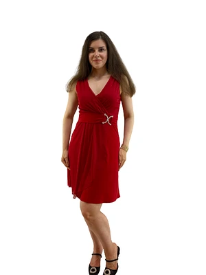 Plain Red Party Dress With Buckle Detail