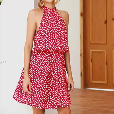 Off-the-shoulder halter strap dress with heart-shaped print