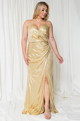 PLUS SHINY LUREX PATTENED WRAP MAXI DRESS