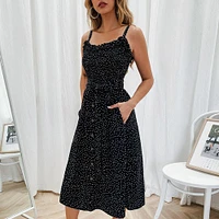 Printed Polka Dot Ruffled Lace Button Women Dress