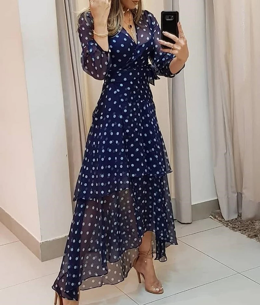 European And American Blue Polka Dot Print Dress