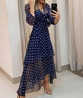 European And American Blue Polka Dot Print Dress