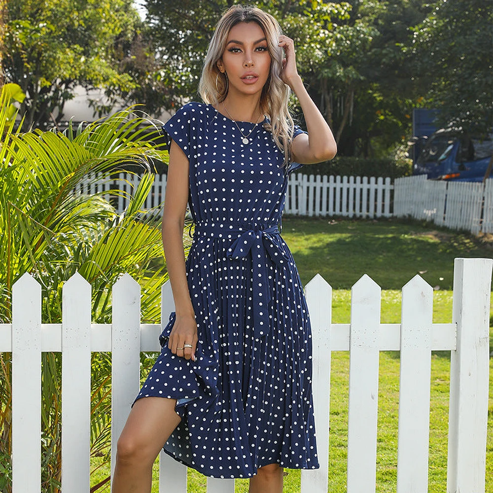 Polka Dot Print Round Neck Dress Women Mid Length