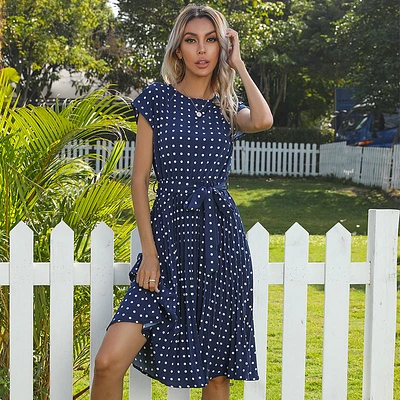 Polka Dot Print Round Neck Dress Women Mid Length