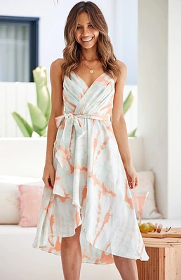 New Gradient Color Print Waist Strap Sling Mid Length Dress