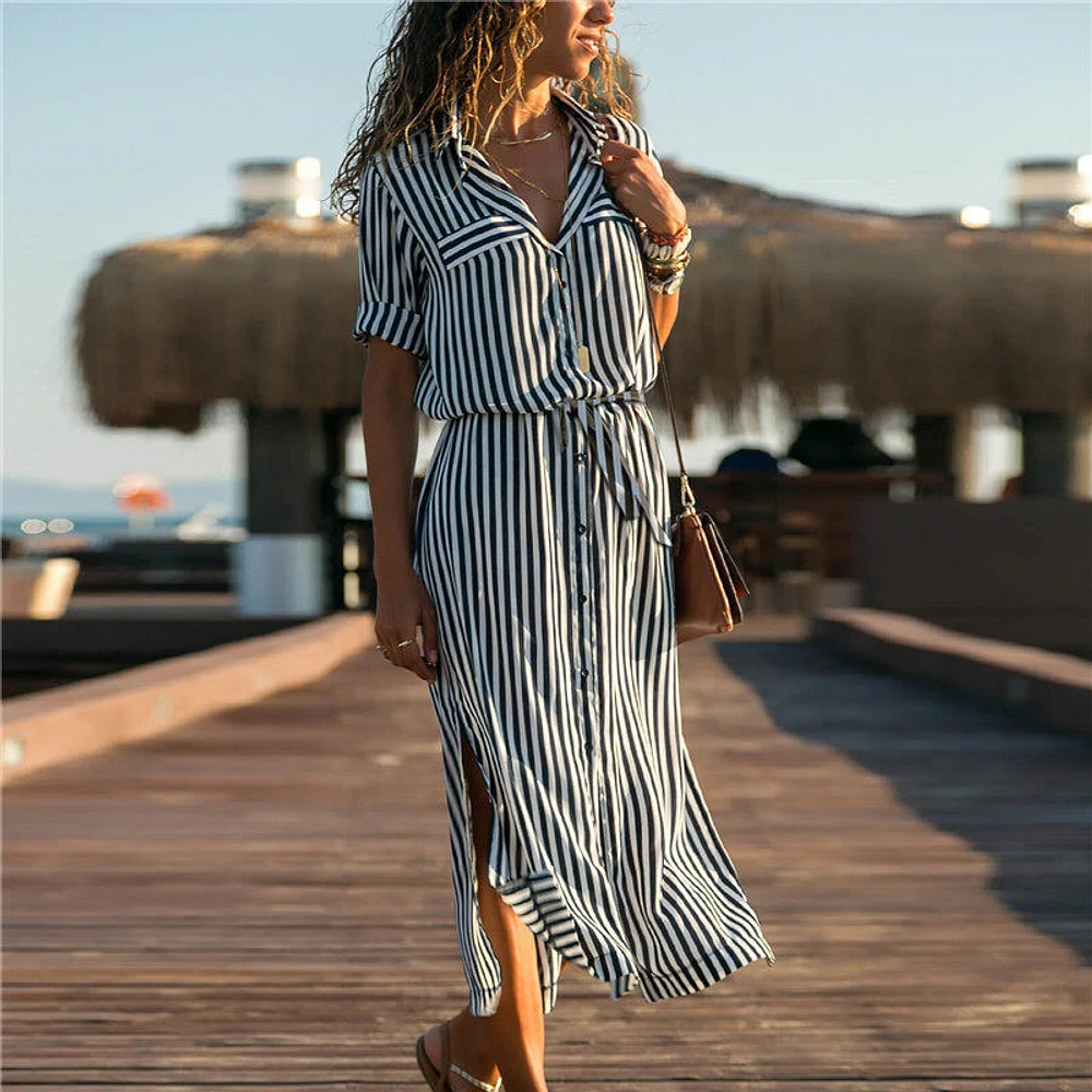 Women Summer Short Sleeve Dress Ladies Chiffon Stripe Skirt