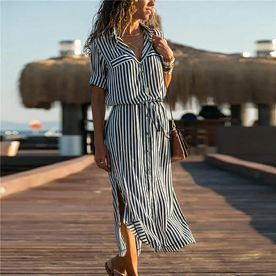 Women Summer Short Sleeve Dress Ladies Chiffon Stripe Skirt