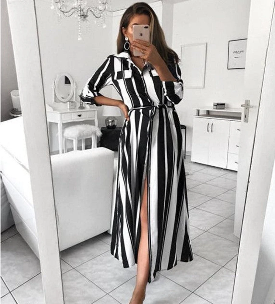 Striped Tie Belt Long Sleeve Shirt Dress Women