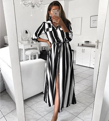 Striped Tie Belt Long Sleeve Shirt Dress Women