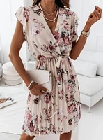 Summer New Waist Floral Pleated Dress Women