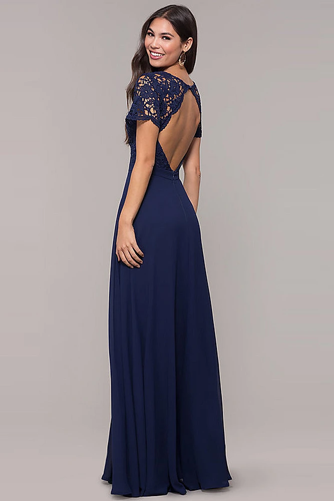 NAVY CHIFFON  DRESS SCALLOP LACE BACK DETAIL