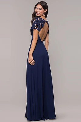 NAVY CHIFFON  DRESS SCALLOP LACE BACK DETAIL