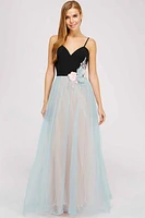 SLEEVELESS FLOWER TRIM DETAIL TULLE DRESS W/LINING