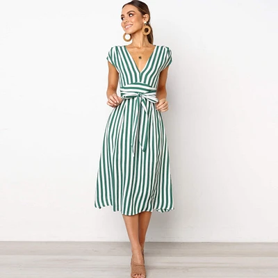 New Sexy V-neck Lace Striped Dress Women