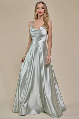 SLEEVELESS COWL NECK SATIN MAXI DRESS