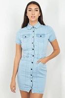 Denim Buttoned Mini Dress With Pockets