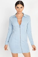 Light Denim Full Sleeves Mini Zipper Dress