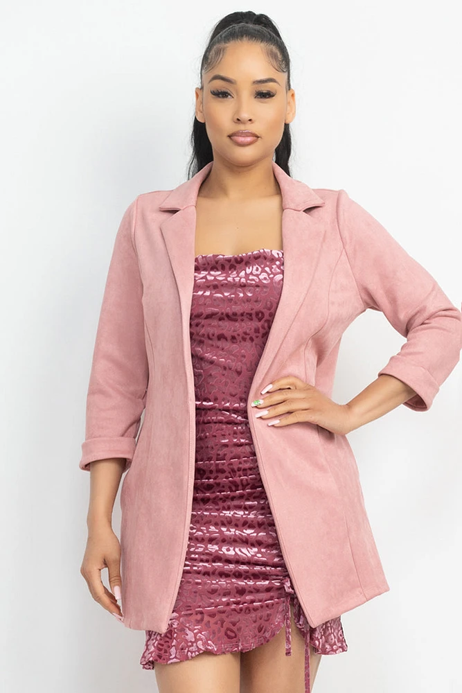 Light Pink Suede Open-Front Notch Blazer Jacket