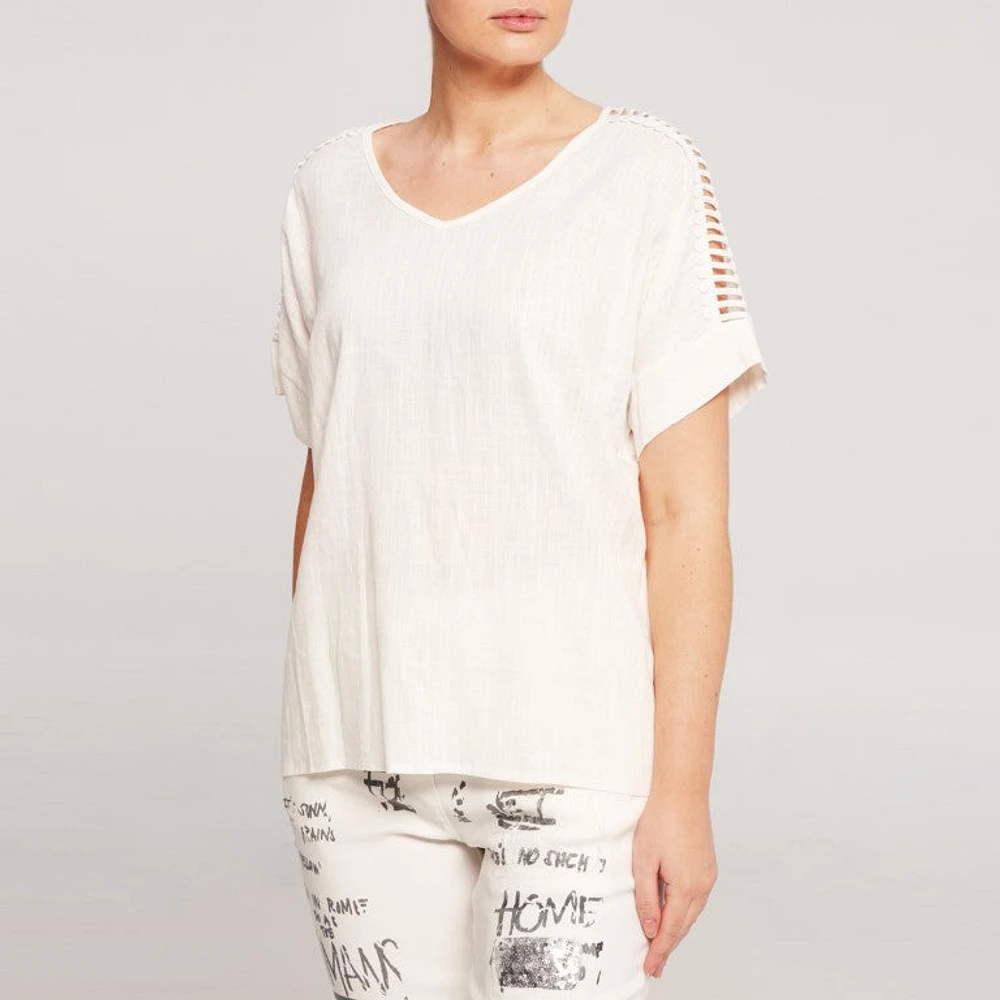 White Short Sleeves Top with Designer Shoulder