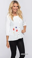 WHITE TOP BUTTON DETAIL WITH EMBROIDERED FLOWER