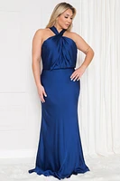 PLUS LADIES HALTER NECK CUT OUT BACK SATIN MAXI DRESS