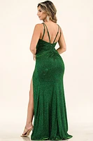 GREEN DOUBLE STRAPS BACK GLITTER SPARKLE SLIT DRESS