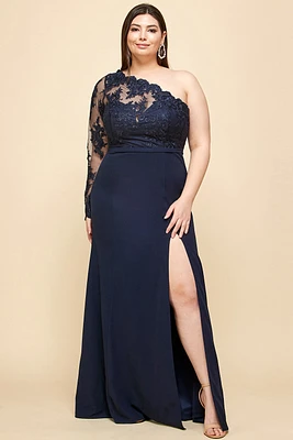 PLUS ONE SHOULDER LACE SLIT MAXI DRESS